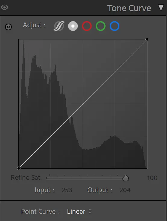 Linear tone curve panel with a straight diagonal curve.