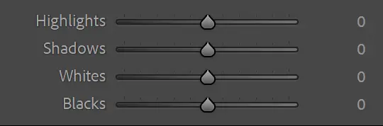 Lightroom sliders for highlights, shadows, whites, and blacks.